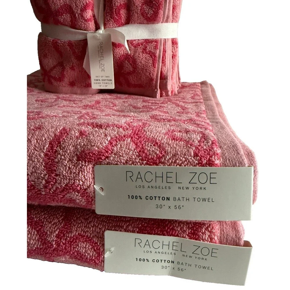 Rachel Zoe Coquette Pink Bow Bath Hand Towel Set 100% Cotton Set of 4 Reversible